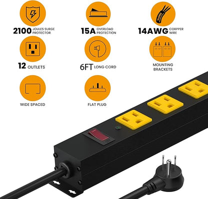 Metal 12 Outlet Mountable Power Strip, Surge Protector Heavy Duty Cord Wide