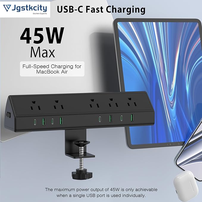 Jgstkcity Desk Clamp Power Strip, 45W Fast Charging Station, 4 USB-C, 4 USB-A