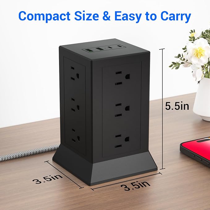 Power Strip Tower with Multiple Outlets 16.5 Ft Extension Cord Flat Plug with