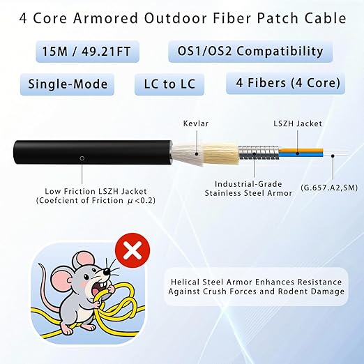 15M/49FT Outdoor Armored LC to LC Fiber Optic Cable, 4 Core OS2 Single Mode