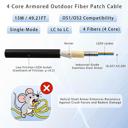 15M/49FT Outdoor Armored LC to LC Fiber Optic Cable, 4 Core OS2 Single Mode