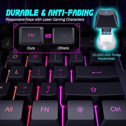 Gaming Keyboard, 7-Color Rainbow LED Backlit, 104 Keys Quiet Light Up Keyboard