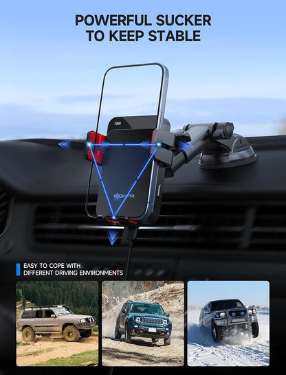 MOKPR Wireless Car Charger, 15W Auto Clamping Car Charger Dash Windshield Air