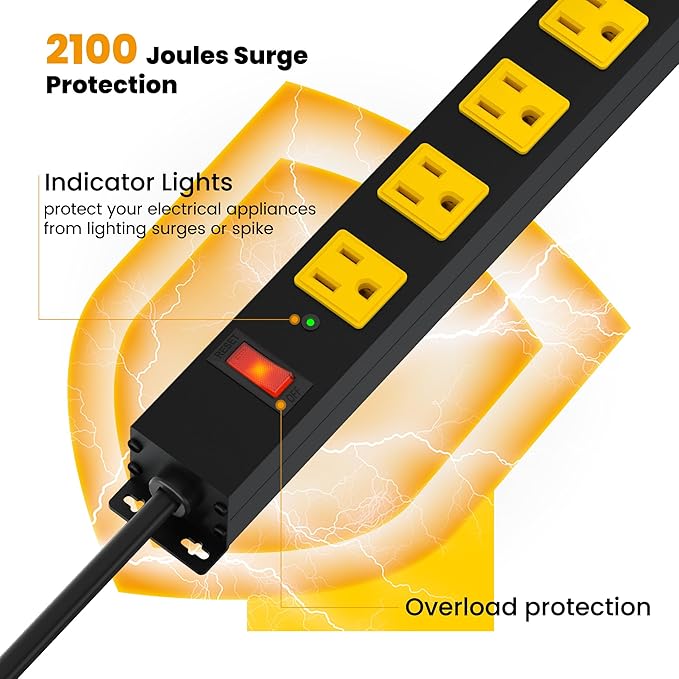 Metal 12 Outlet Mountable Power Strip, Surge Protector Heavy Duty Cord Wide