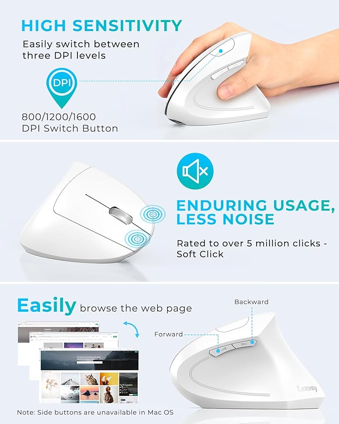 Lekvey Ergonomic Mouse, Vertical Wireless Mouse, Rechargeable 2.4G Optical