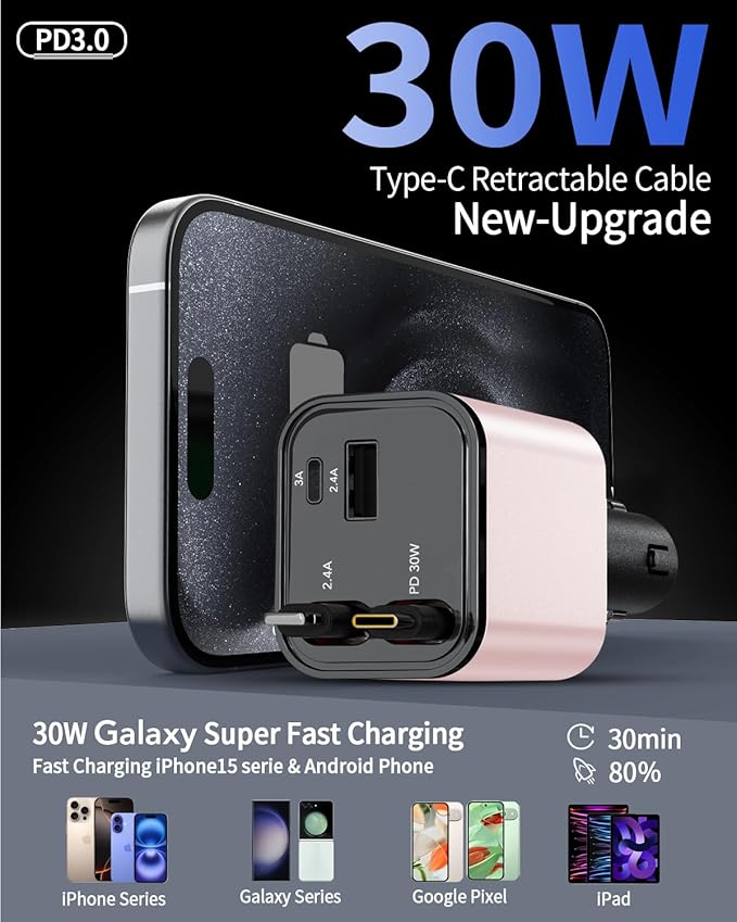 Retractable Car Charger, 4 in 1 Fast Car Phone Charger 69W, 2 Retractable