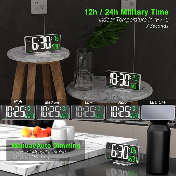 KOSUMOSU Alarm Clock for Bedroom, 6.7" Led Desk Digital Clock, Mirror Clock