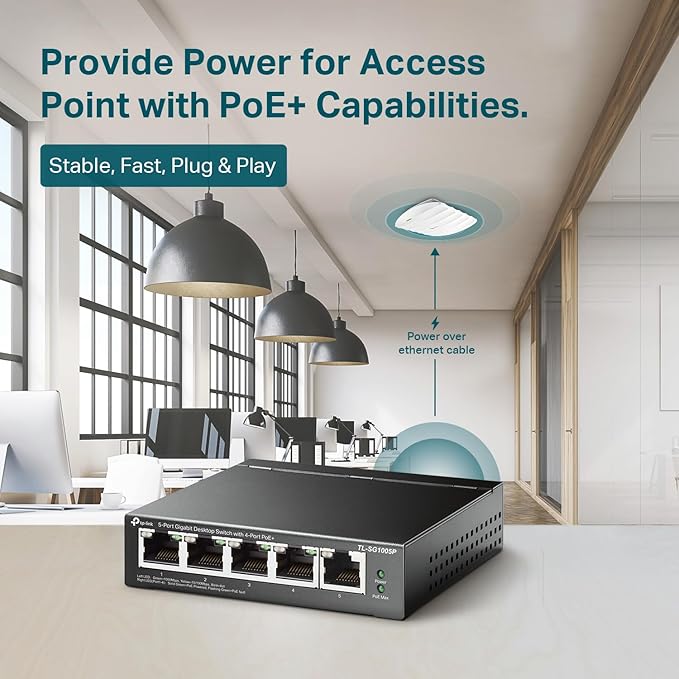 TP-Link TL-SG1005P, 5 Port Gigabit PoE Switch, 4 PoE+ Ports @65W, Plug & Play