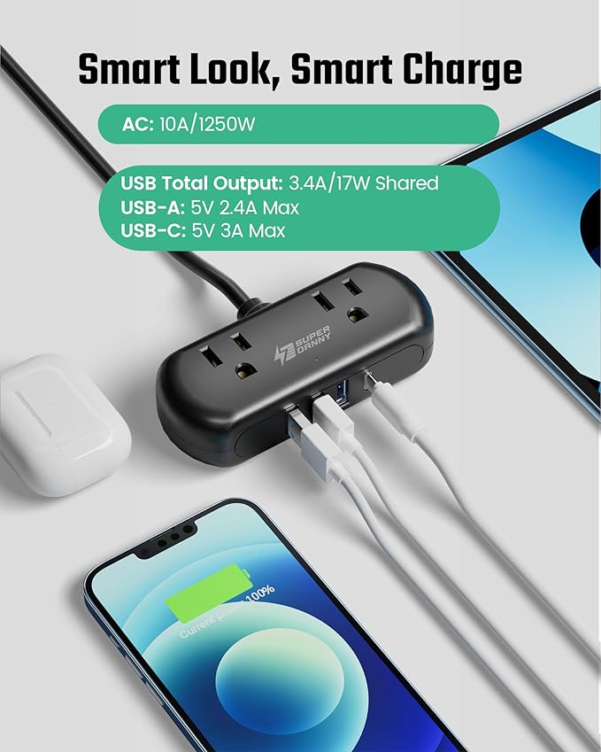 2Ft Extension Cord, SUPERDANNY Mini Surge Protector