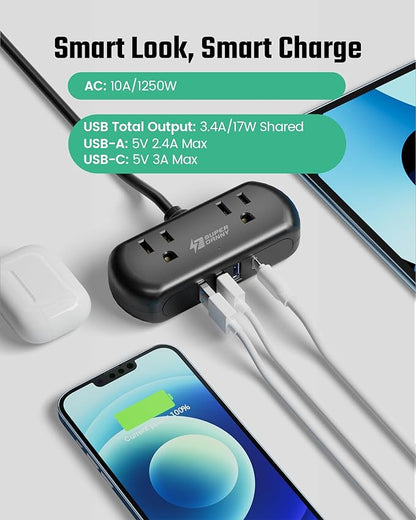 2Ft Extension Cord, SUPERDANNY Mini Surge Protector