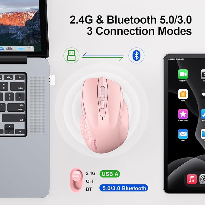 TECKNET Wireless Mouse Rechargeable 4800 DPI Silent USB A & Bluetooth Mouse 6