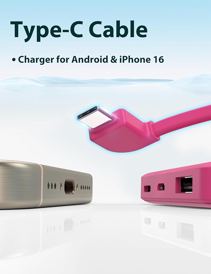 miisso 6000mah Ultra Slim Built in Cables Power Bank, Card Size Built in USB C