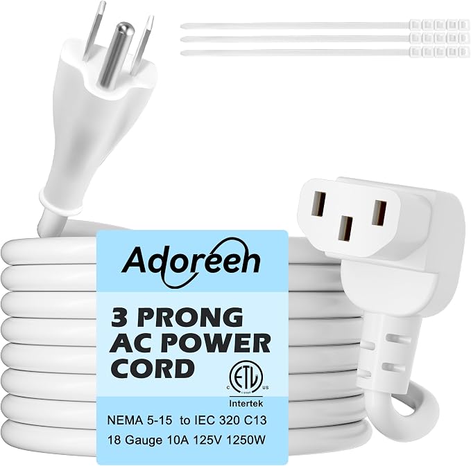 Adoreen 20 Ft Computer TV Replacement Power Cord White, 90 Degree Angled