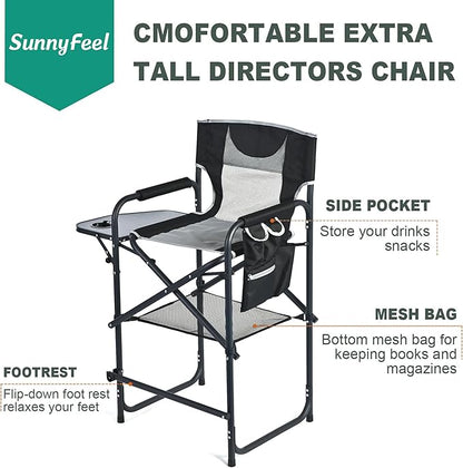 SUNNYFEEL Tall Camping Directors Chair, Portable Folding Artist Makeup Chair with Side Table, Pocket, Footrest, Heavy Duty for Beach,Trip,Picnic,Concert Outdoor Foldable Camp Lawn Chairs
