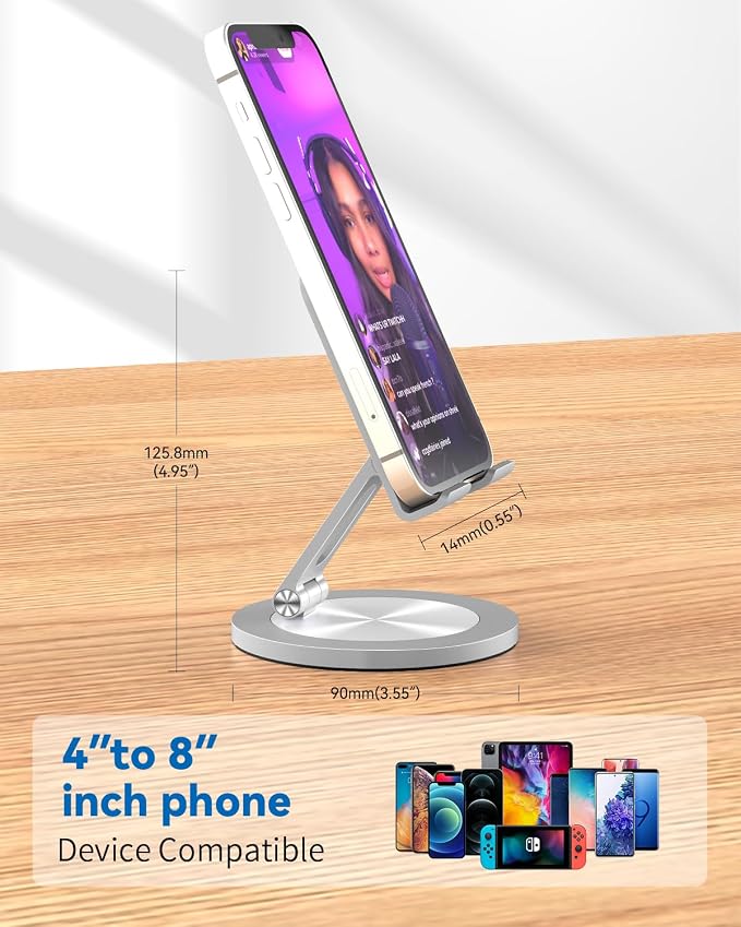 360 Rotating Phone Stand for Desk, Dual-Adjustable Foldable Aluminum Desktop