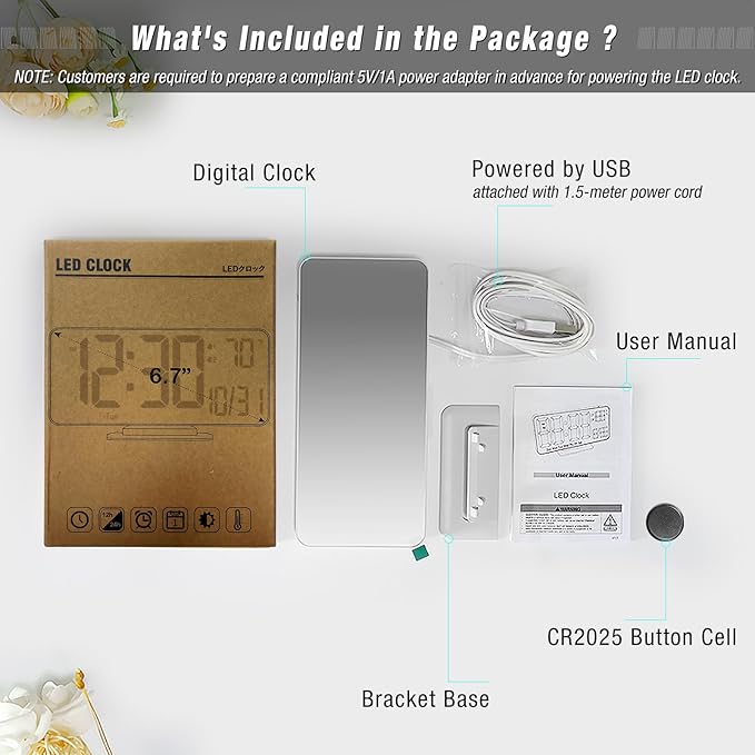 KOSUMOSU Alarm Clock for Bedroom, 6.7" Led Desk Digital Clock, Mirror Clock