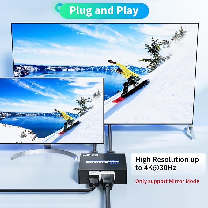 HDMI Splitter 1 in 2 Out 4K, 1x2 Powered HDMI Multi-Port Adapter