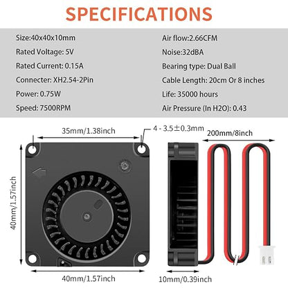 2Packs Wathai DC Blower Fan 4010 Radial Cooling Fan 5V 2 Pin DC 40mm x 10mm