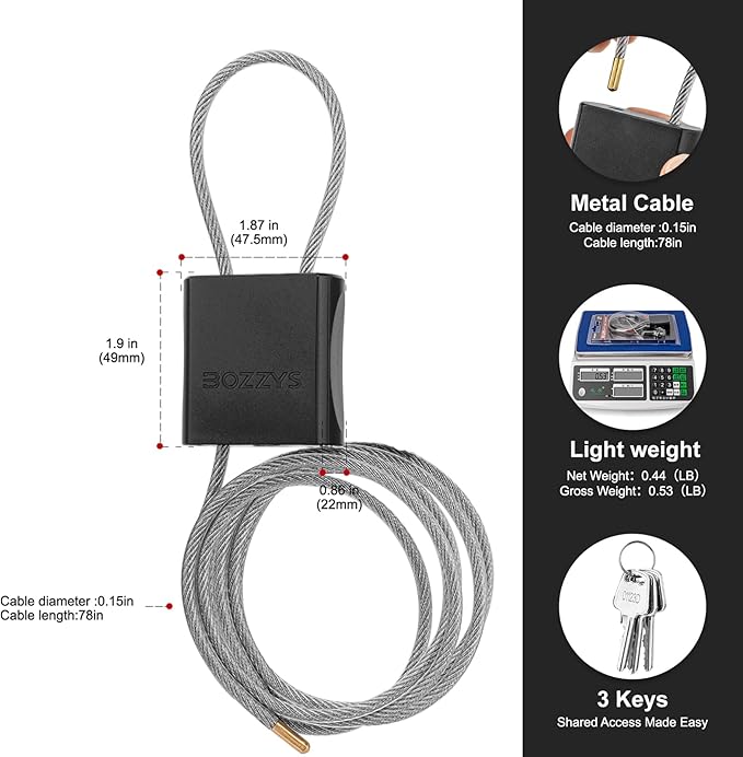 Cable Lock with 3 Keys | L 6.56ft, D 1/6in Adjustable Steel Cable Padlock |