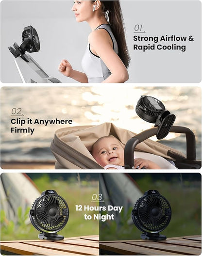 Koonie Portable Clip On Fan, Small USB Fan Battery Operated, 3 Speed
