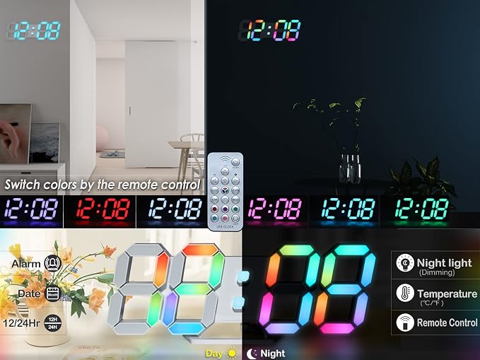 KOSUMOSU Wall Clock Neon Digital Clock 3D LED Desk Clock Large Display 9.7" RGB