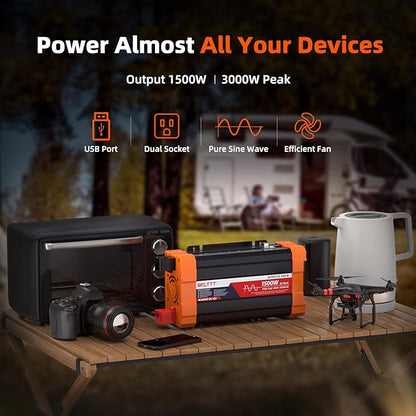 BELTTT 1500W Pure Sine Wave Inverter 12V to 120V AC, Car Power Inverter 12V to