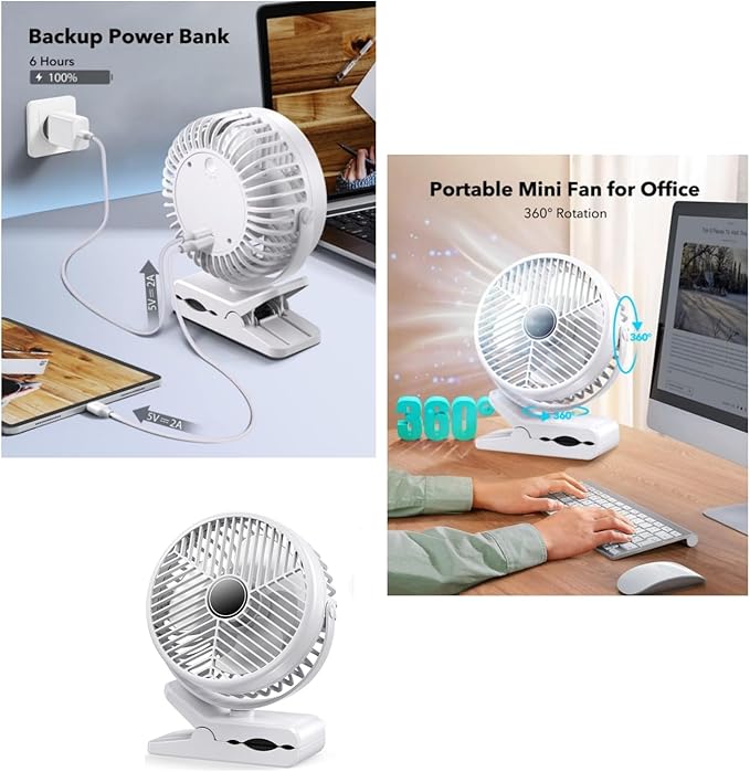 Portable Clip-on Fan 10000mAh Rechargeable Battery Powered – 3-Speed Quiet Desk
