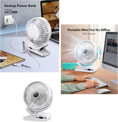 Portable Clip-on Fan 10000mAh Rechargeable Battery Powered – 3-Speed Quiet Desk