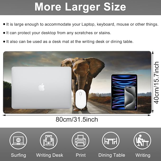Mouse Pad, Large Walking Elephant Desk Mat, Extended Non-Slip Gaming Keyboard
