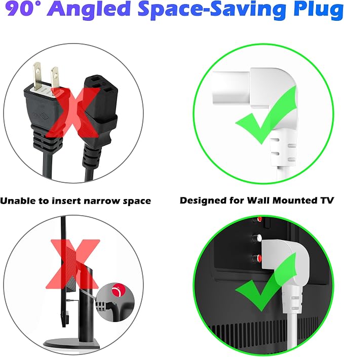 Adoreen 20 Ft Computer TV Replacement Power Cord White, 90 Degree Angled