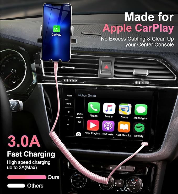 KIYODA USB C to Lightning Cable 3FTfor Car, Coiled iPhone Charger Fast Charging