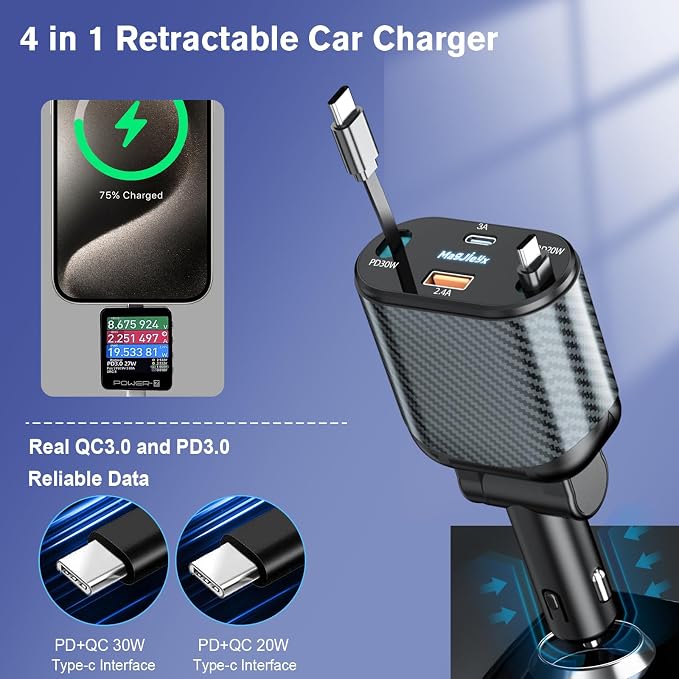 Retractable Car Charger for 4 in 1 Fast Charging Max 80W【ONLY 2 Type-C Charging