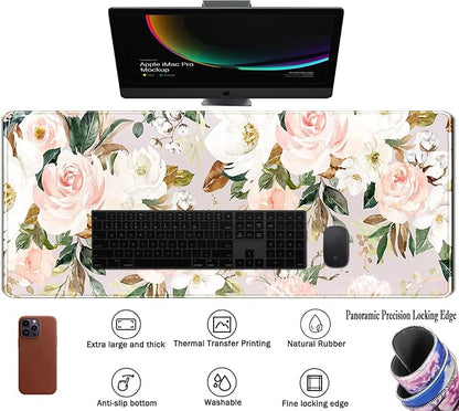 Pink Flowers Keyboard Pad PC Gaming Desk Mat Desk Mouse Pads Green Leaves