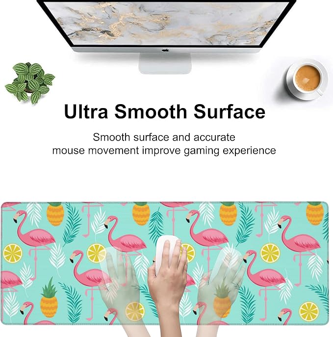Pink Flamingo Desk Mat, Large Summer Flamingos Pineapples Tropical Leaves