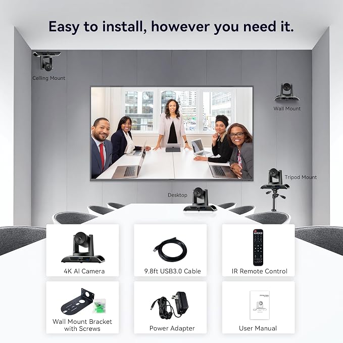 TONGVEO 4K PTZ Camera with AI-Powered Auto-Tracking 5X Digital Zoom USB 3.0