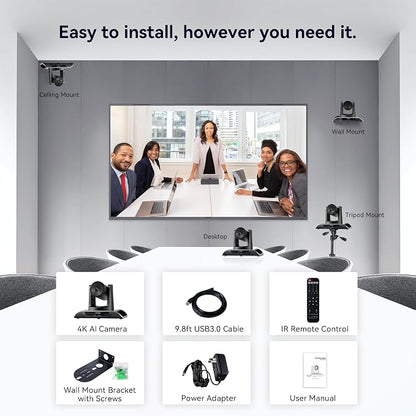 TONGVEO 4K PTZ Camera with AI-Powered Auto-Tracking 5X Digital Zoom USB 3.0