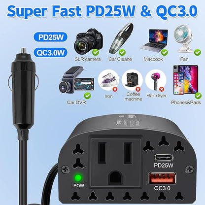 150W Car Power Inverter DC 12V to 110V AC Car Outlet Adapter