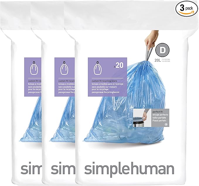 simplehuman Code D 60 Count, Genuine Custom Fit Liners, Drawstring Trash Bags