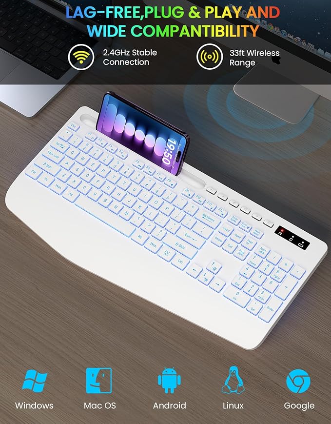 Wireless Keyboard with 7 Colored Backlit, Wrist Rest, Phone Holder,