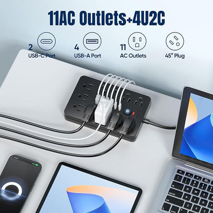 6 FT Flat Plug Surge Protector Power Strip, 11 Multiple AC Outlets