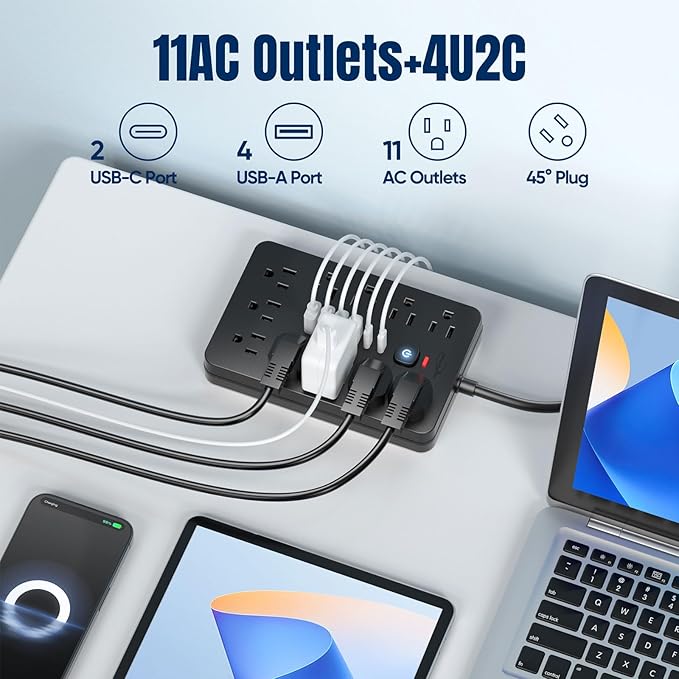 20 FT Flat Plug Surge Protector Power Strip, 11 Multiple AC Outlets