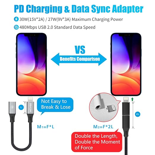 AGVEE 2 Pack 4 inch USB-C Female to Lightning Male Adapter, 30W Fast Charging