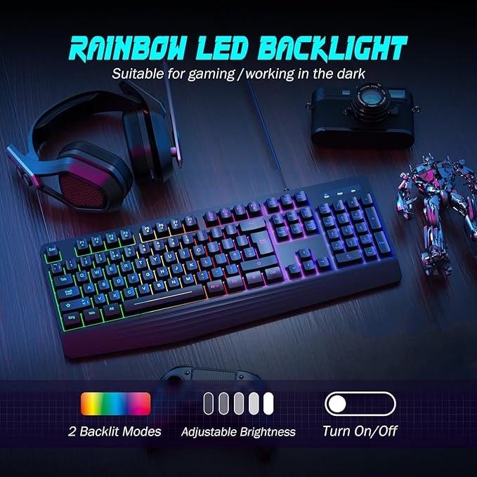 Gaming Keyboard, 7-Color Rainbow LED Backlit, 104 Keys Quiet Light Up Keyboard