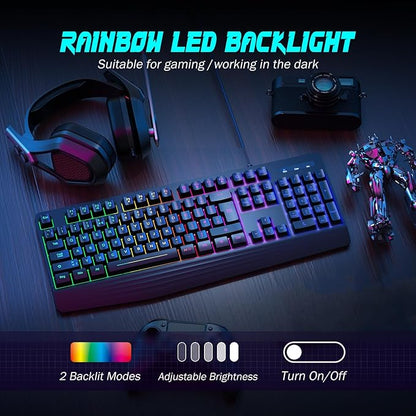 Gaming Keyboard, 7-Color Rainbow LED Backlit, 104 Keys Quiet Light Up Keyboard