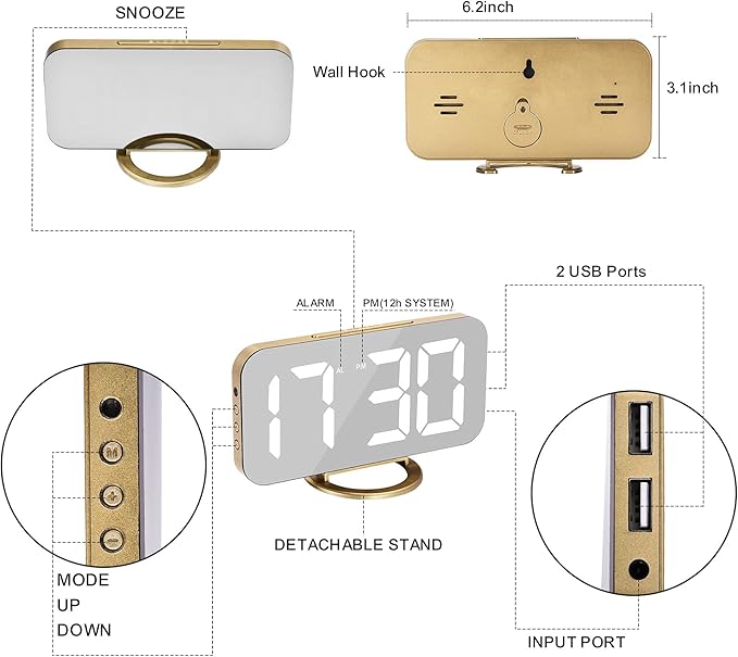 SZELAM Digital Alarm Clock, LED and Mirror Desk Clock Large Display,