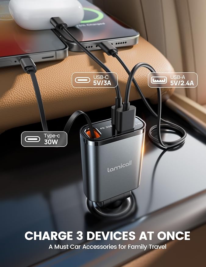 Lamicall Retractable Car Charger USB C Fast Charging 57W Type C Car Phone