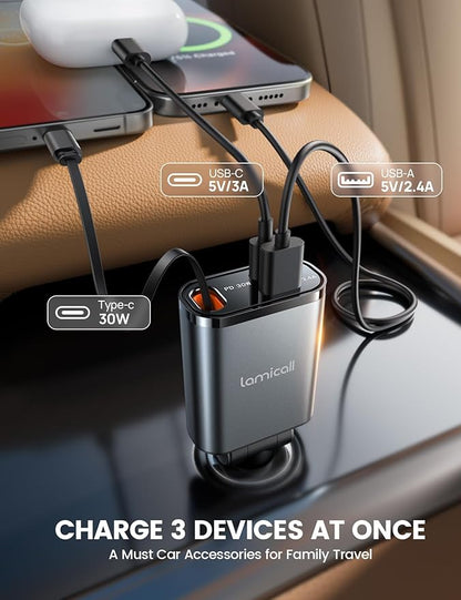 Lamicall Retractable Car Charger USB C Fast Charging 57W Type C Car Phone