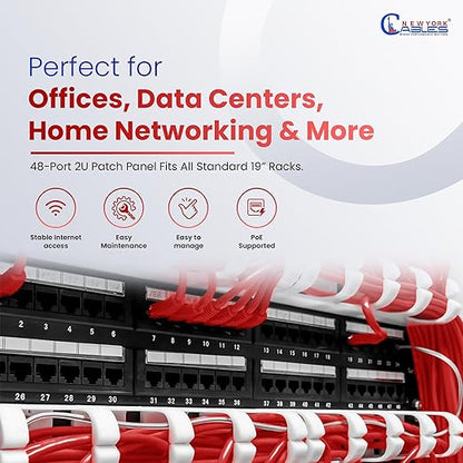 NewYork Cables 48 Port Cat6 Patch Panel – 10Gb Ethernet, 2U Rackmount 19-Inch