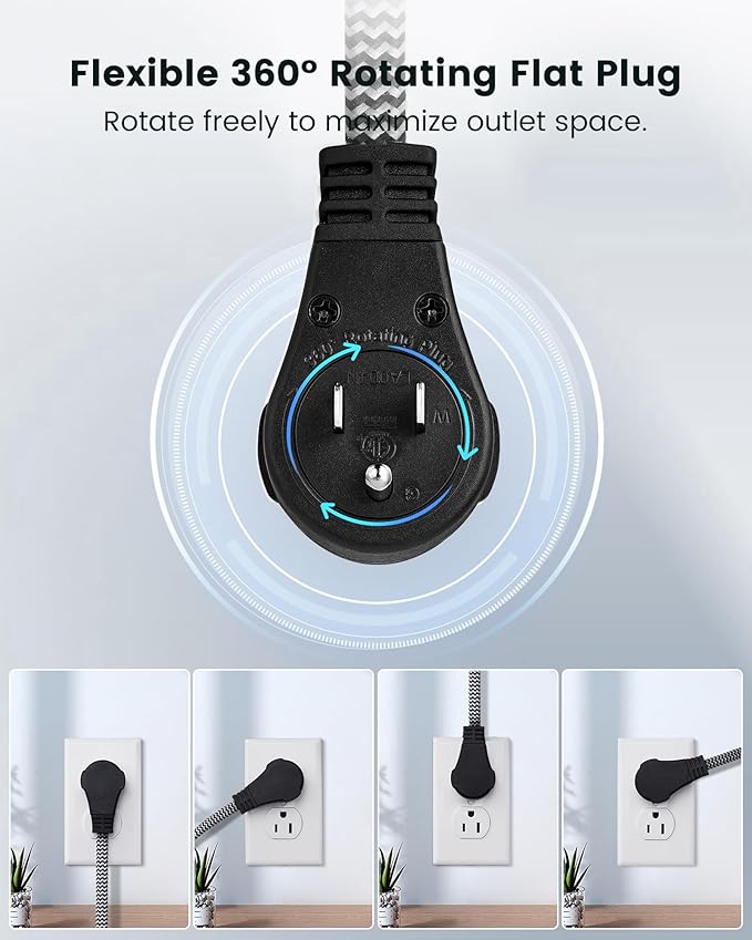 SURAIELEC 1FT 360° Rotating Flat Plug Extension Cord Flat Wall Plug