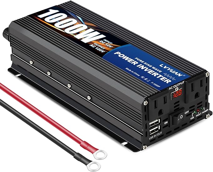 LVYUAN 1000 Watt Pure Sine Wave Power Inverter 12V to 110V/120V DC to AC